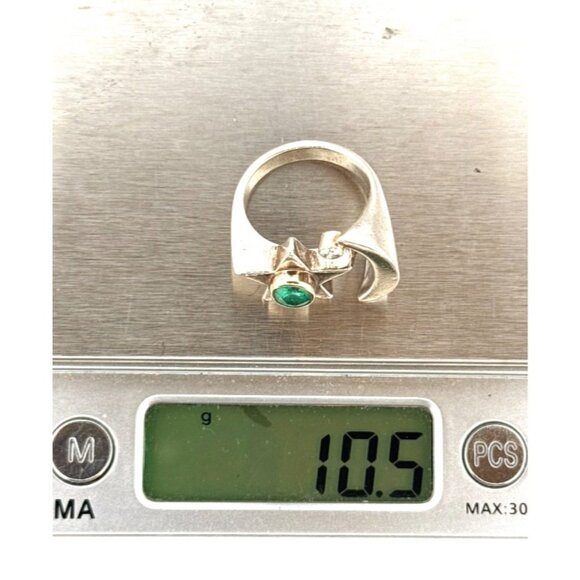 Sterling Silver Moon & Star Ring w/ Emerald & CZ Unique Celestial Statement - Picture 9 of 10